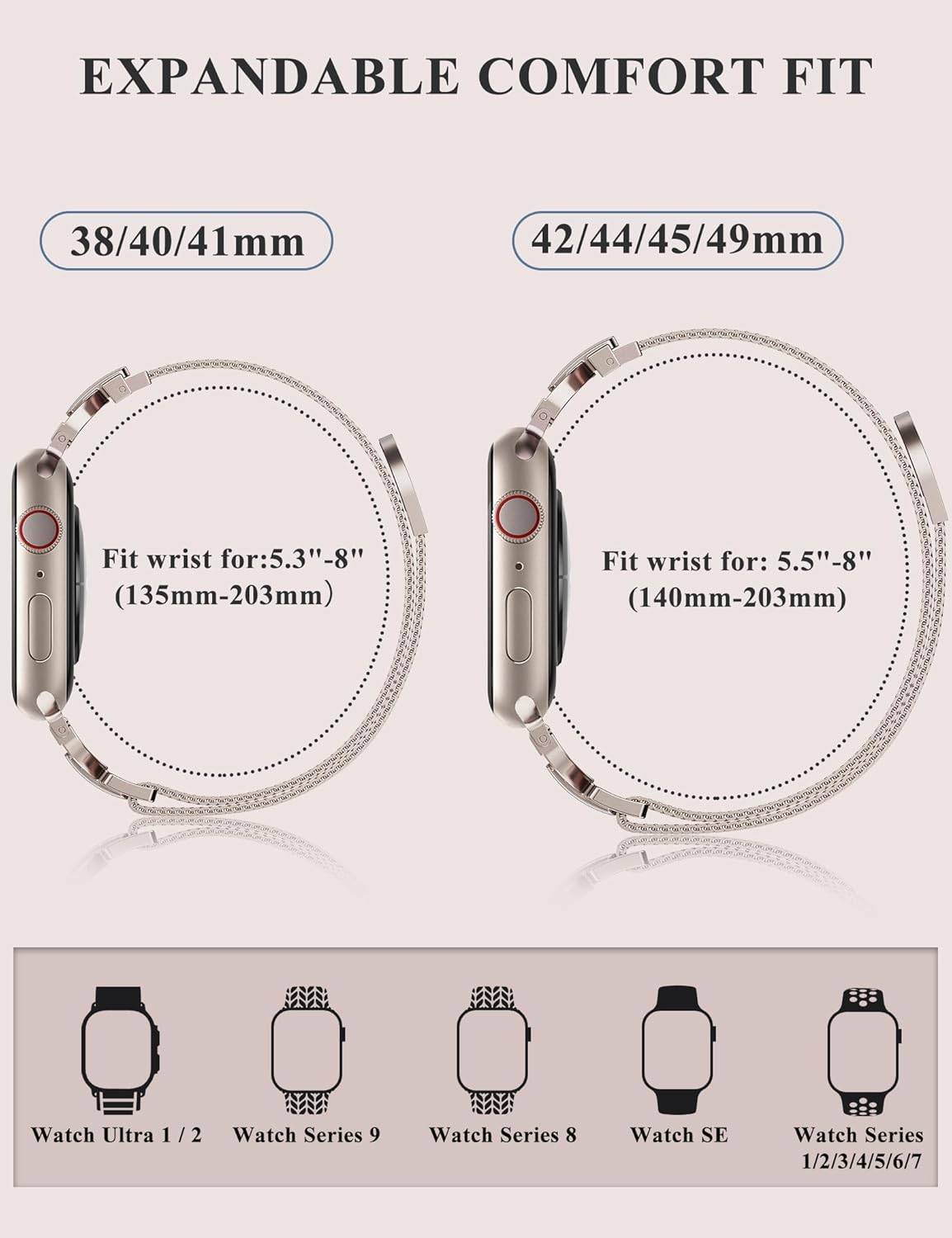 Stainless Steel Magnetic Loop Compatible with Apple Watch Band 38mm 40mm 41mm 42mm Women Metal Mesh D-shaped Clasp Strap for iWatch SE Series 10/9/8/7/6/5/4/3/2/1/Ultra(1/2) Starlight