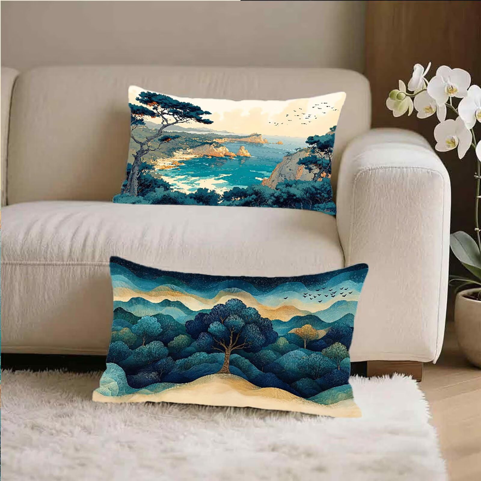 Federe Cuscino 70x90 Set di 2, Estate Federe Cuscini Divano Lino, Rettangolari Copricuscini 70x90cm Con Cerniera Invisibile, Copricuscino per Camera Letto Casa Decorazioni Regalo, Paesaggio V-1669
