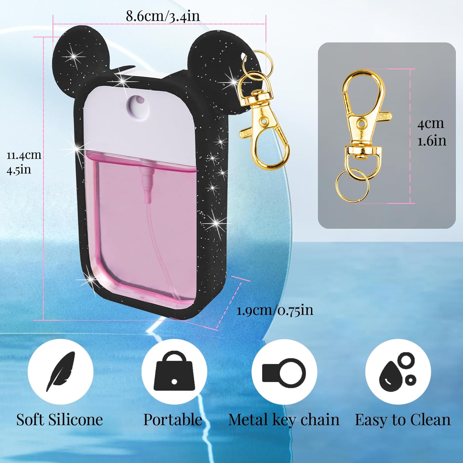 TERPINK 2 Pack Silicone Case Compatible with Touchland Hand Sanitizer Spray 1 fl oz, Mouse Design Protective Case with Keychain, Hand Sanitizer Spray Accessory (Glitter Sequin Black+Pink) - Image 7