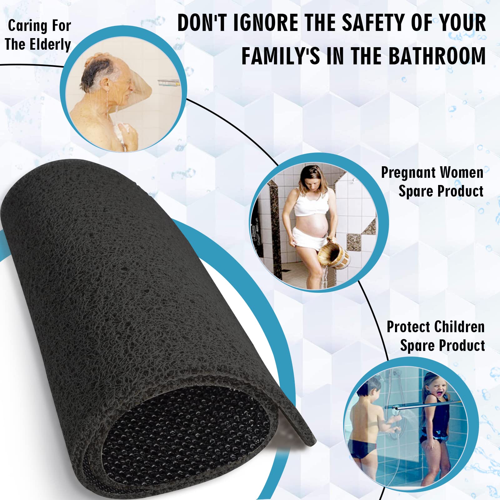Tapis de douche extra large, antidérapant et sans ventouses - tapis de bain pour surface de baignoire texturée - tapis en luffa à séchage rapide pour douche et salle de bain (60 x 120 cm, noir)