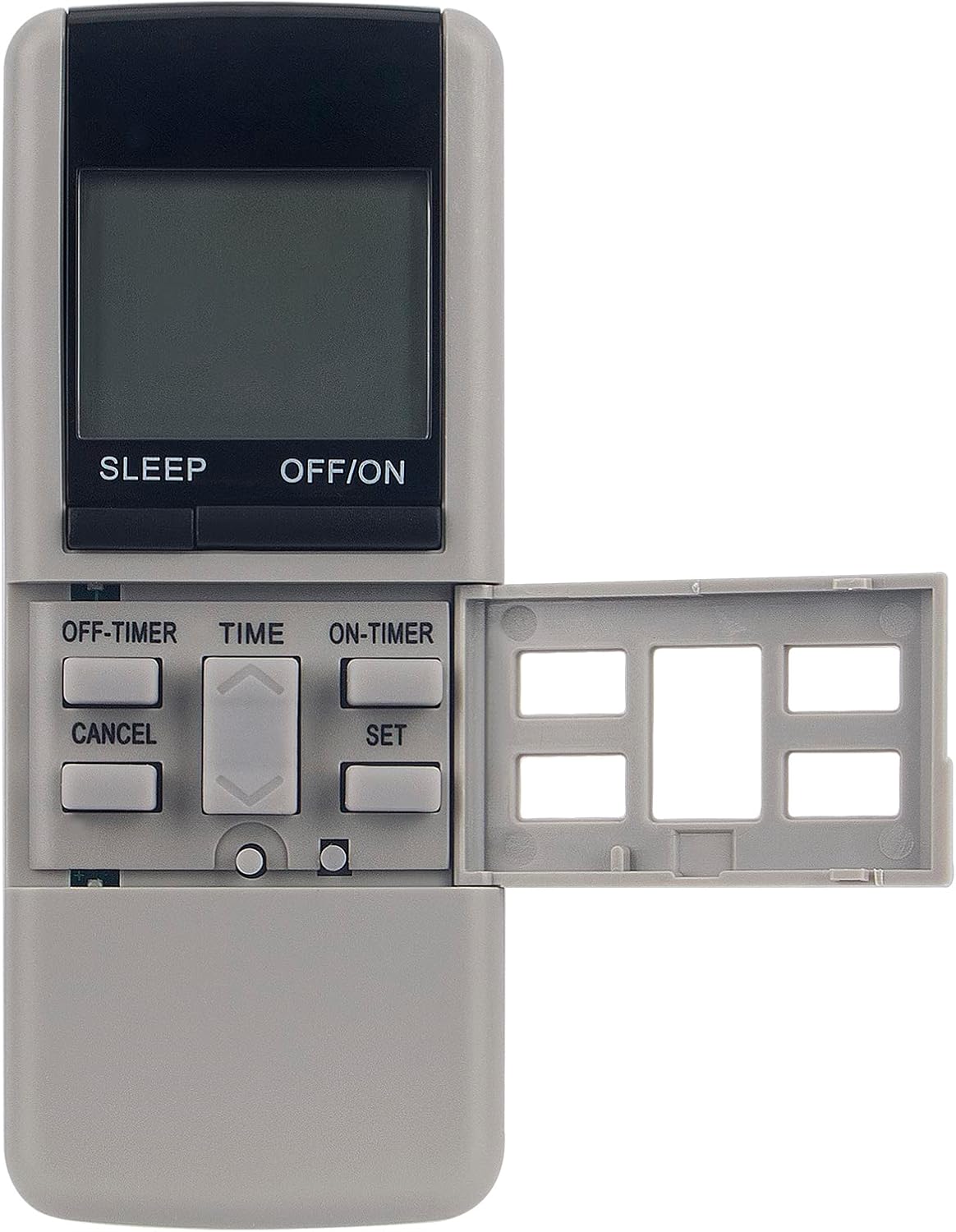 Front view of the ECONTROLLY A75C377 remote control with the lower cover slid open, revealing additional buttons for OFF-TIMER, TIME, ON-TIMER, CANCEL, and SET.