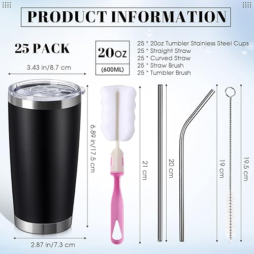 Miniatura 2 de Paquete de 25 vasos de acero inoxidable a granel de 20 onzas, vasos de viaje con aislamiento al vacío de doble pared, vasos duraderos con tapa y
