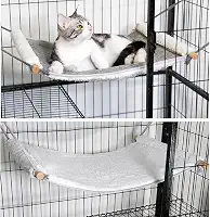 Rede reversível para gatos para pendurar na gaiola, cama de dormir macia para gatinhos e animais de estimação pequenos, possui barras espalhadoras de madeira, rede portátil que pode ser amarrada entre