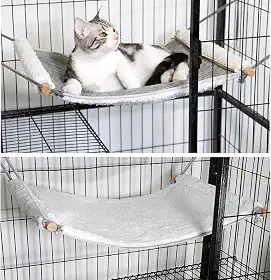Rede reversível para gatos para pendurar na gaiola, cama de dormir macia para gatinhos e animais de estimação pequenos, possui barras espalhadoras de madeira, rede portátil que pode ser amarrada entre