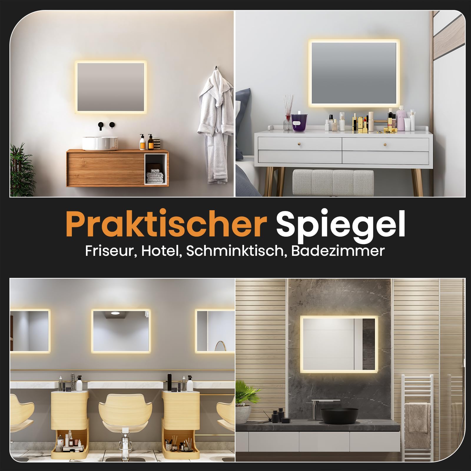 EMKE® Badspiegel mit Beleuchtung 80x60cm Badezimmerspiegel Warmweiß 3000K Wandschalter Vertikal/Horizontal Montage Badezimmer Spiegel mit Beleuchtung IP44 Energiesparend