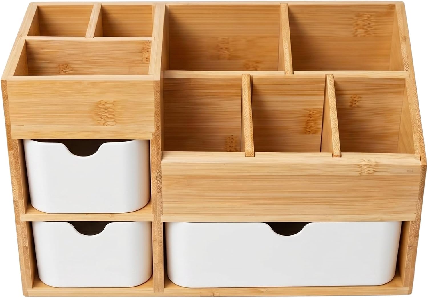 Bamboo Makeup Organizer with 3 Drawers & Adjustable Dividers, Desk Cosmetic Storage Box, Vanity Countertop Organizer for Bathroom, Office, Bedroom, Natural Bamboo Color (11.5x5.4in)