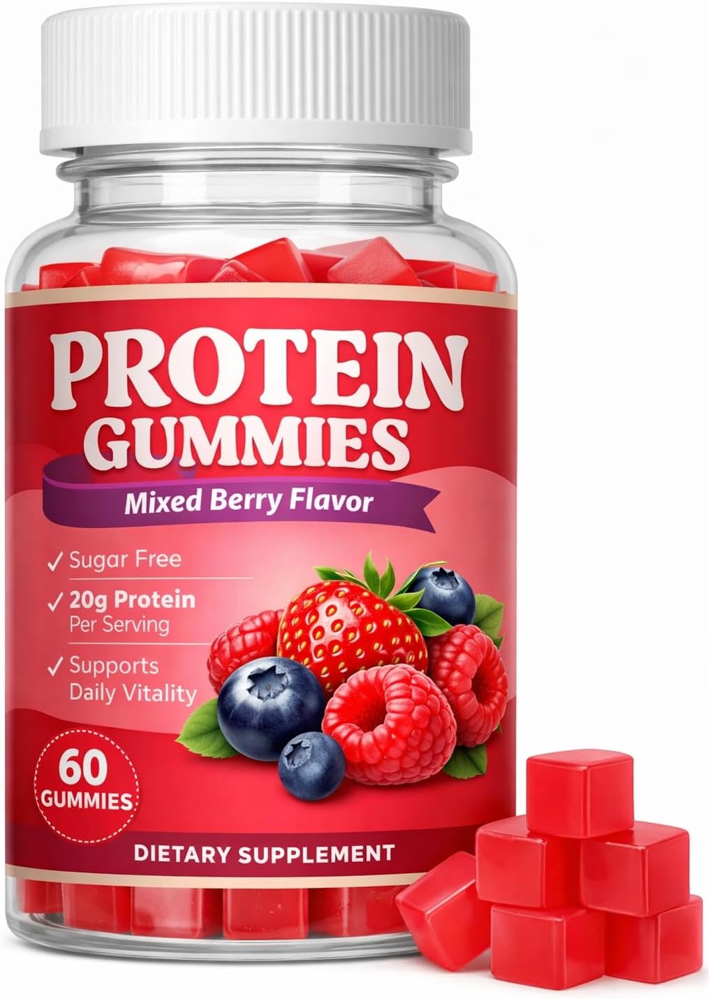Protein Gummies, Mixed Berry Flavor, Sugar Free High Protein Gummy Supplement, 20g Protein Per Serving, 60 Gummies, Low Calorie Daily Wellness Snack，60 Gummies