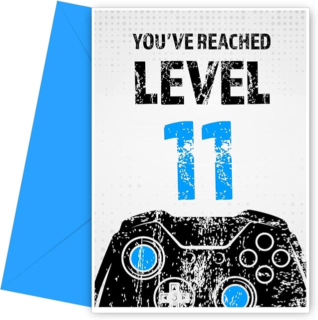 Gamer 11th Birthday Card for Boy - Black & Blue Reached Level 11 Bday Card for Son, Great Grandson, Nephew or Brother. Gaming Happy Birthday Card for 11 Year Old Boy - Video Gamers 11th eleven Bday