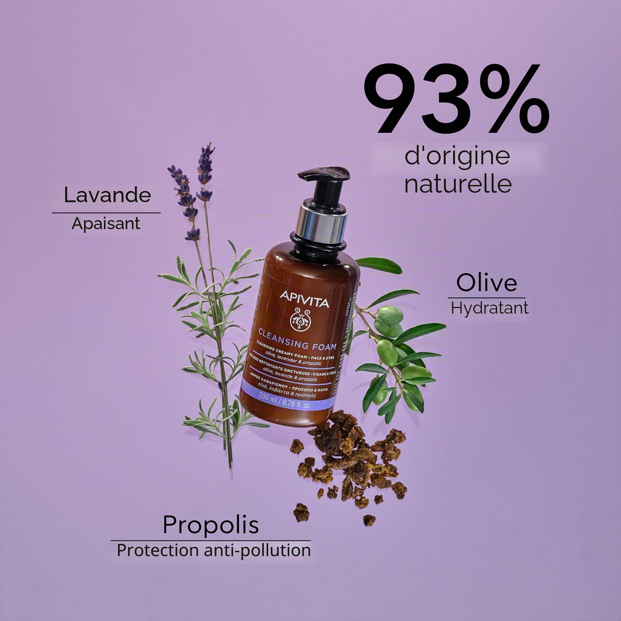 Apivita Mousse Nettoyante Visage & Yeux 200ml - Nettoie Efficacement, Apaise et Conforte - Moussante Crémeuse Légère Démaquillante - Anti-Pollution - Formule Naturelle : Olive, Propolis, Lavande