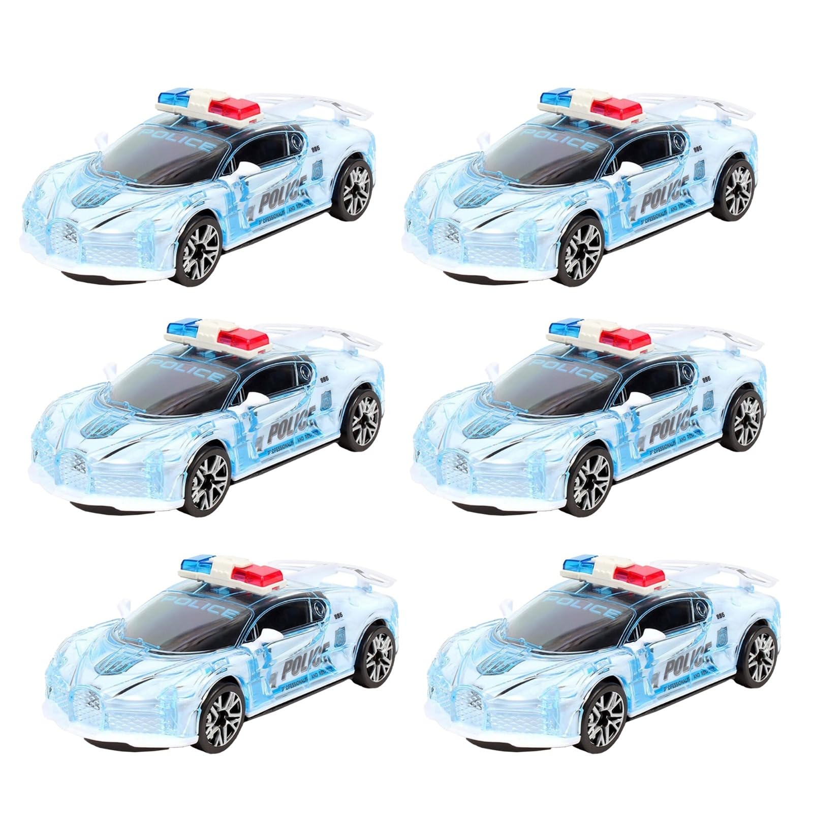 MSQUARE Transparent White Police Toy Car, Pull-Back Mechanism, Eye Catching Design, Flashing LED Light With Police Siren Sound, Long Lasting Fun, (6pcs)