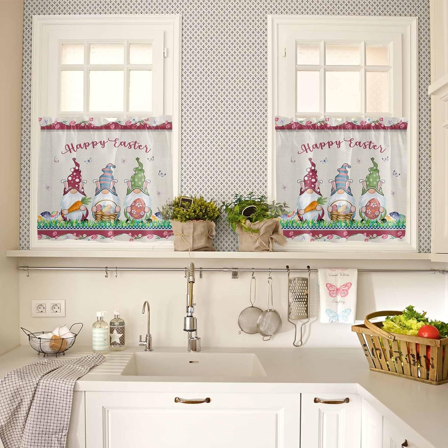 3 Piece Kitchen Curtains and Valances Set Gnomes Easter Cafe Curtains 24 Inch Length Eggs Tulips Spring Floral Rustic Valance & Tier Curtain for Living Room Bedroom Small Window 54"x18"+27"x24"*2