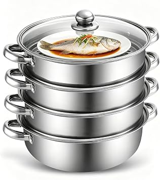 Steamer Pot 28 cm Stainless Steel Steam Cooker for Cooking with Steamer Insert and Glass Lid 3/4-Layer Induction Cooking Pot Steam Pot for Simultaneous Steaming Soup Pasta Fish