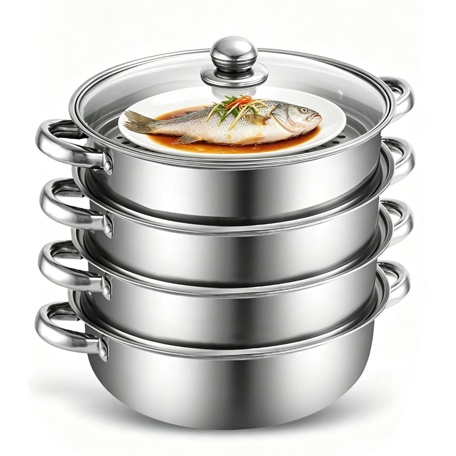 Olla para Cocinar al Vapor, 28 CM Acero Inoxidable, con Inserto de Vapor y Tapa de Cristal Inducción, Olla de Vapor para Cocinar al Vapor Simultáneamente Sopa, Pasta (Paquete de cuatro unidades)