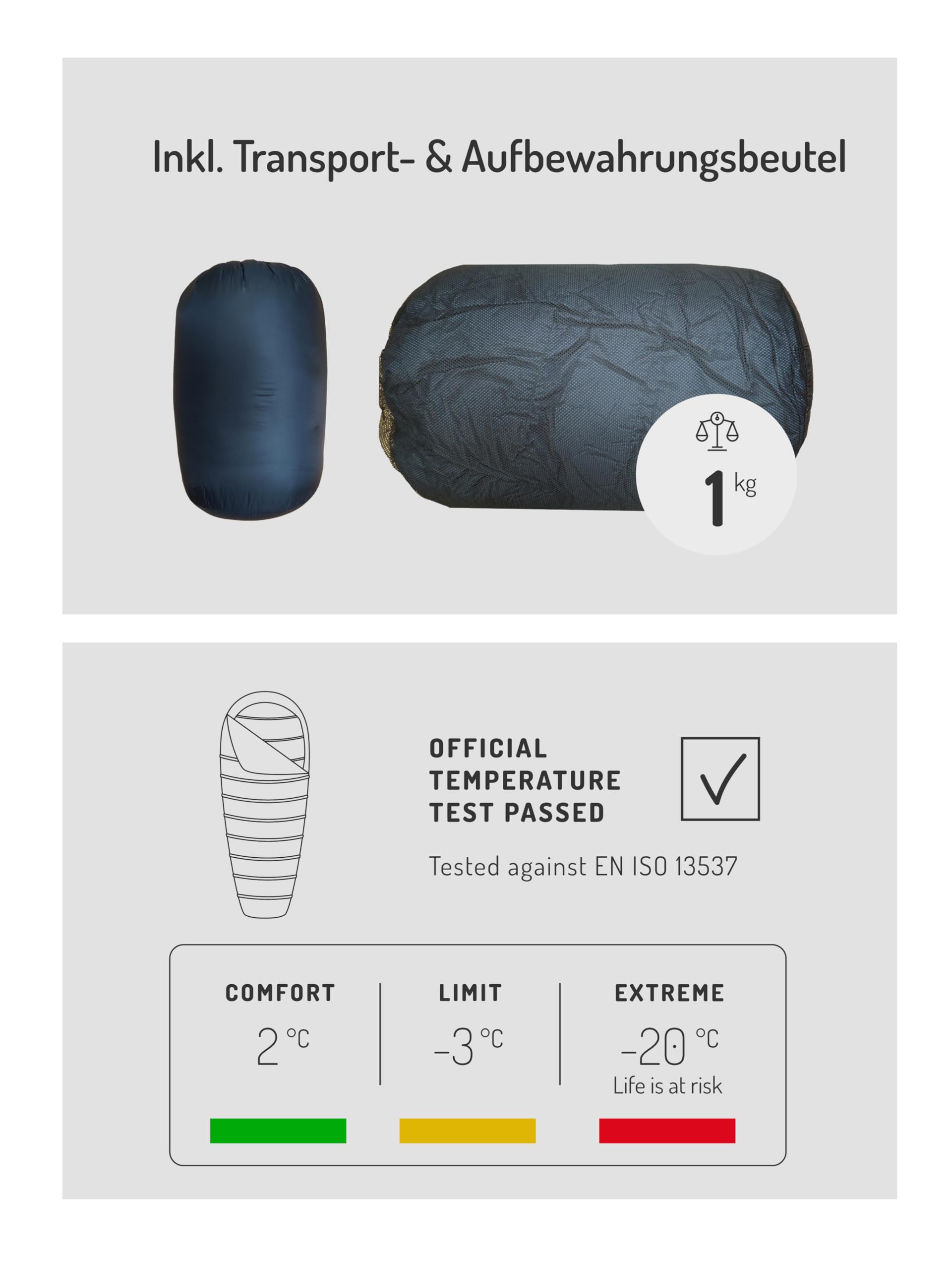 NORDKAMM® Daunenschlafsack 3 Jahreszeiten, leicht und kleines Packmaß, Schlafsack Daunen für Outdoor und Camping, Daunen Schlafsack Erwachsene in 2 Größen Sport & Freizeit