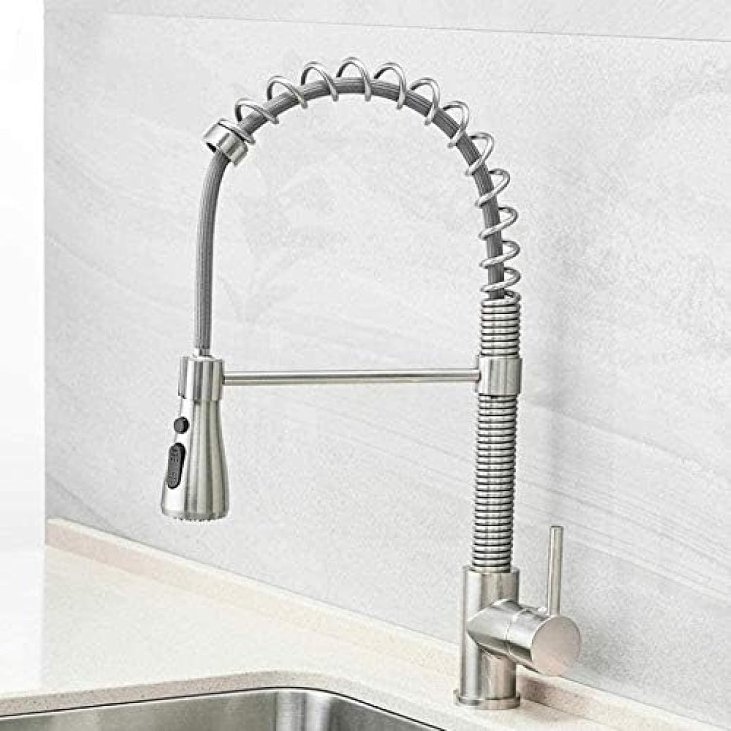 Robinet de cuisine extractible nickel brossé en laiton à ressort pivotant