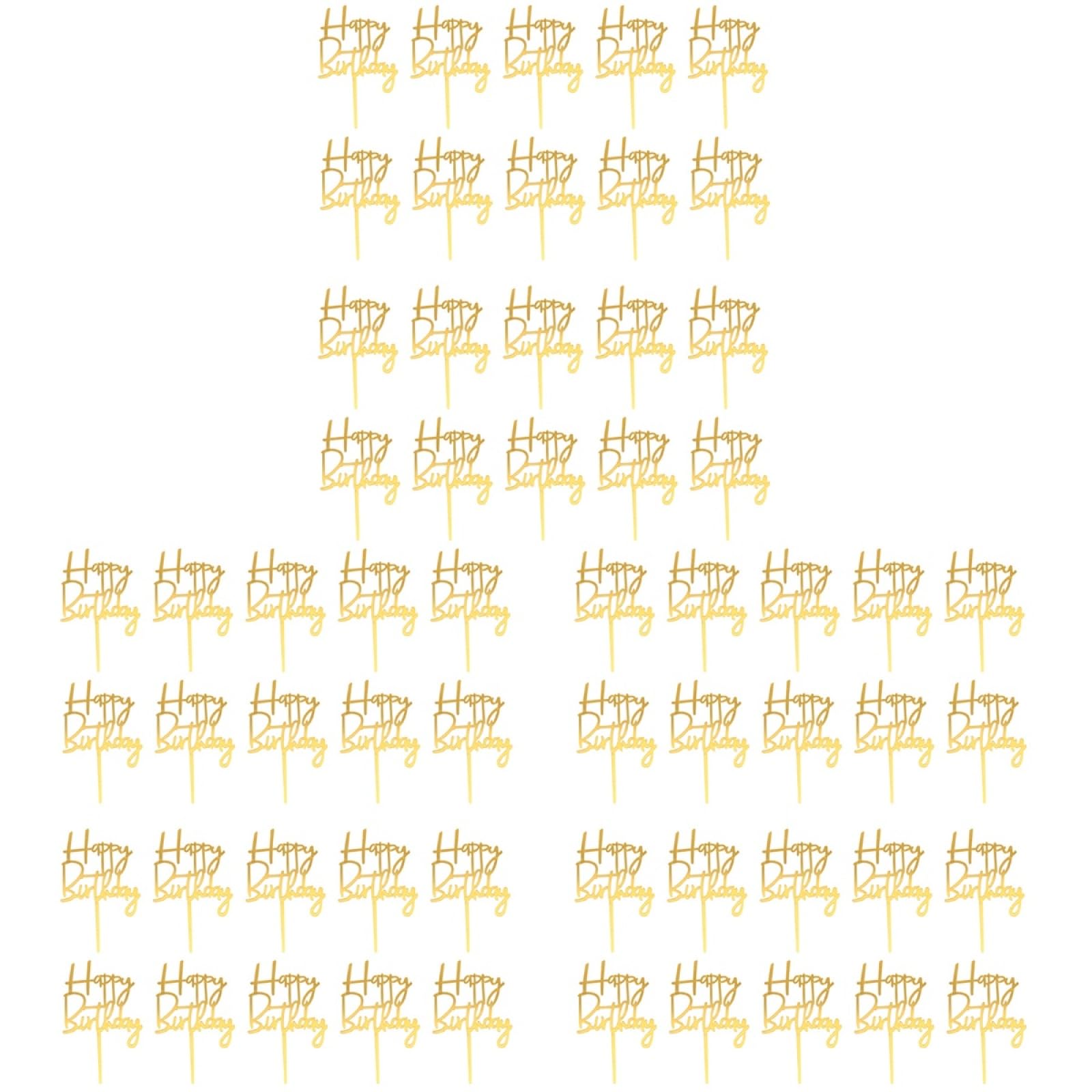 Amosfun 60Pcs Happy Birthday Acrylic Cake Toppers Gold Picks for Cupcake and Cake Decoration Party Supplies