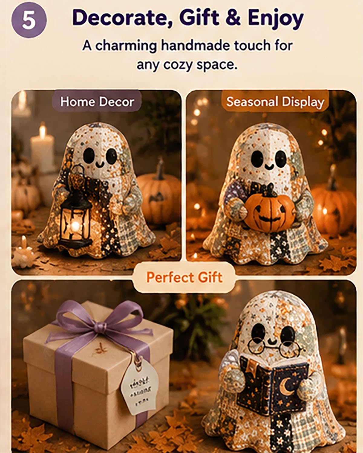 Little Ghost's Cozy Halloween DIY Patchwork Kit, Adorno de decoración Hecho a Mano, Regalo con Tela precortada, Kit de artesanía de Costura de Felpa de Fantasma Lindo Retro