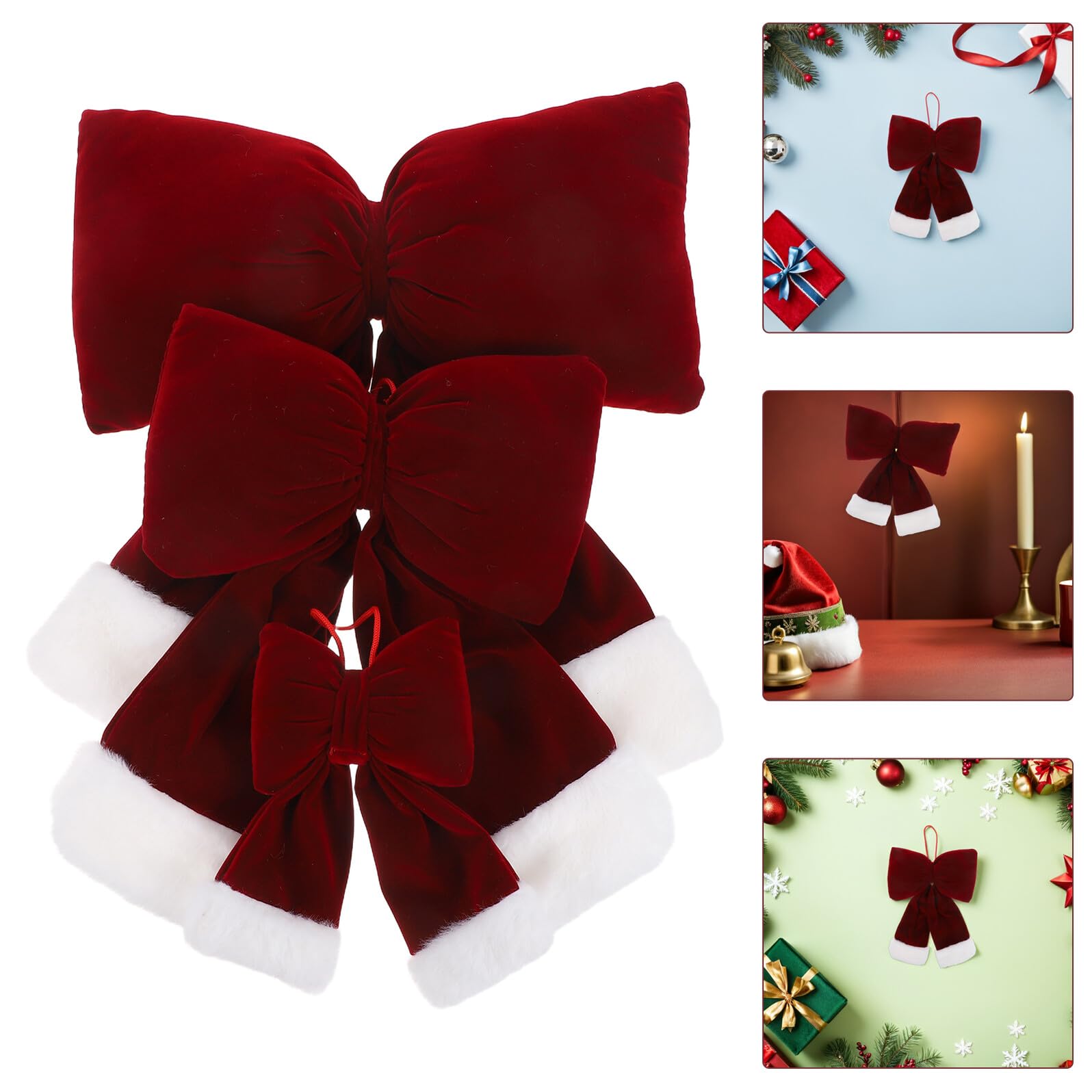 LABRIMP 3 Piezas Lazos Navideños de Franela Rojo Oscuro Adornos Colgantes para Árbol y Guirnalda Suaves y Portátiles para Decoración Festiva Interiores y Exteriores