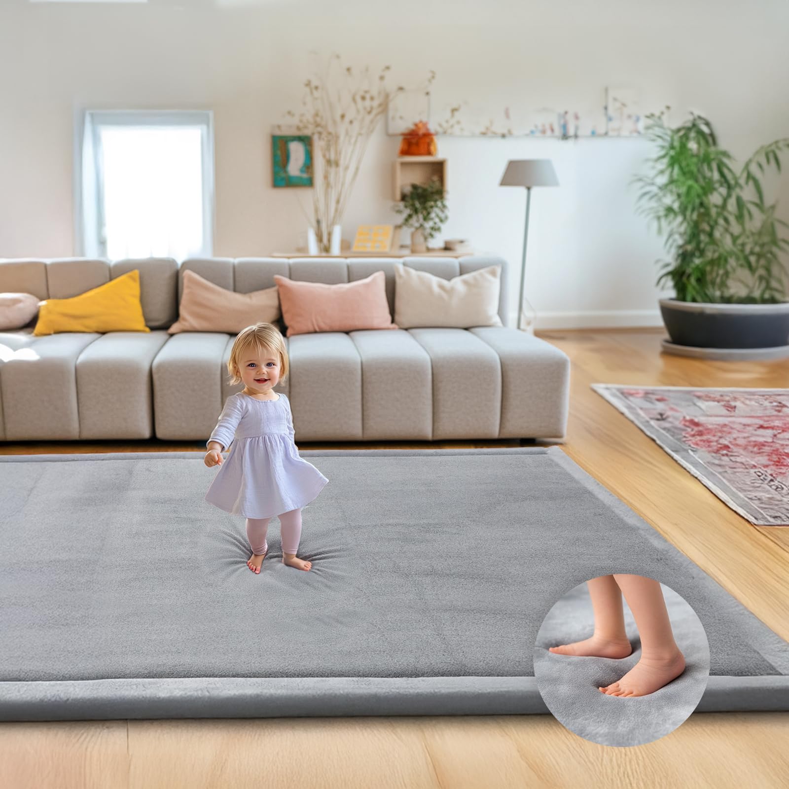  (Similar ) Large Thick 1.3\" Thick Baby Play Mat for Floor, Padded Foam 79x71 Playpen Mat for Tummy Time, Soft Velvet for Babies, Toddlers, Infants, Kids, Baby-Safe & Non-Slip for Crawling, Gray
