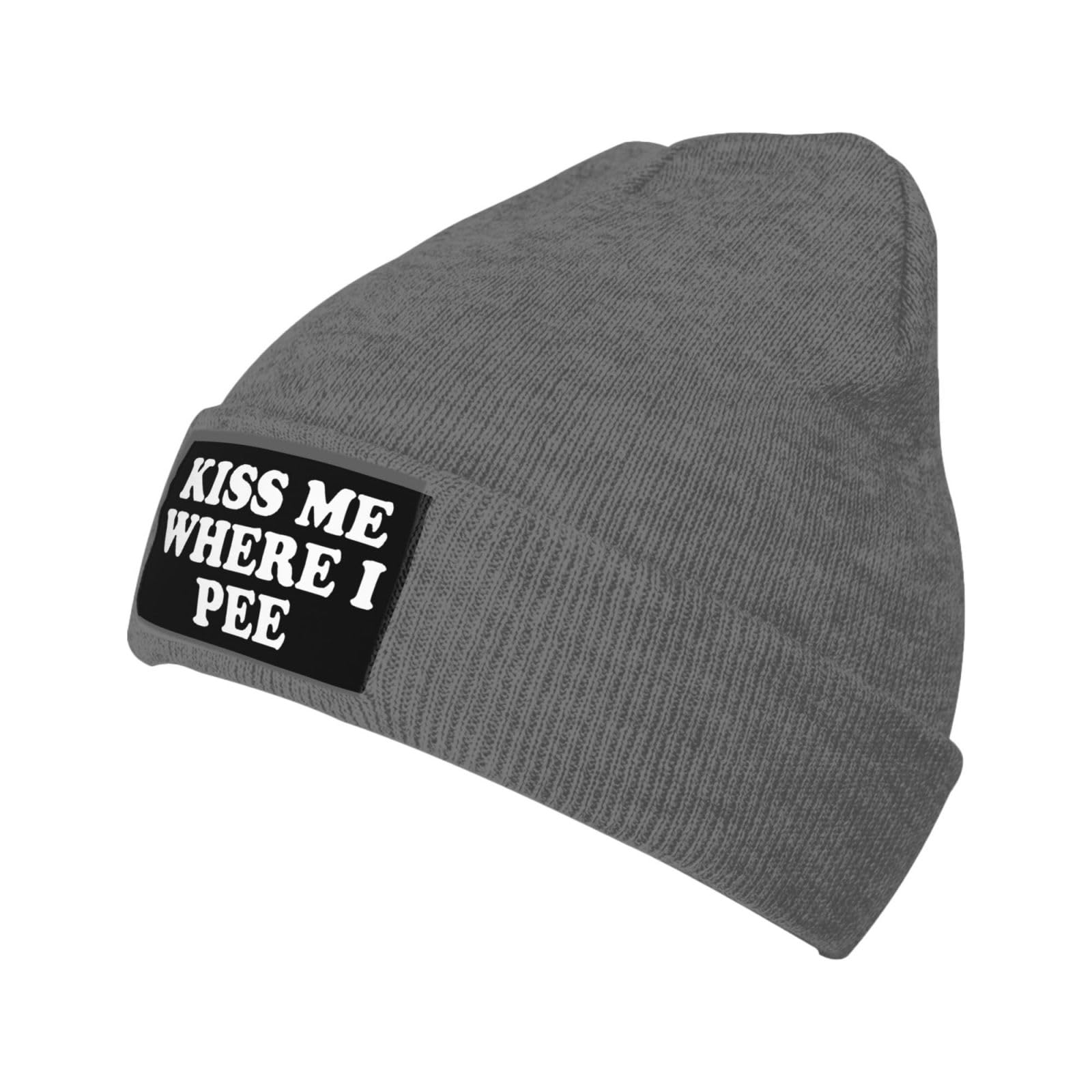 wikjxizKiss Me Where I Pee Beanie Black Warm Knit Winter Hat Cuffed Slouchy Skull Cap for Men Women