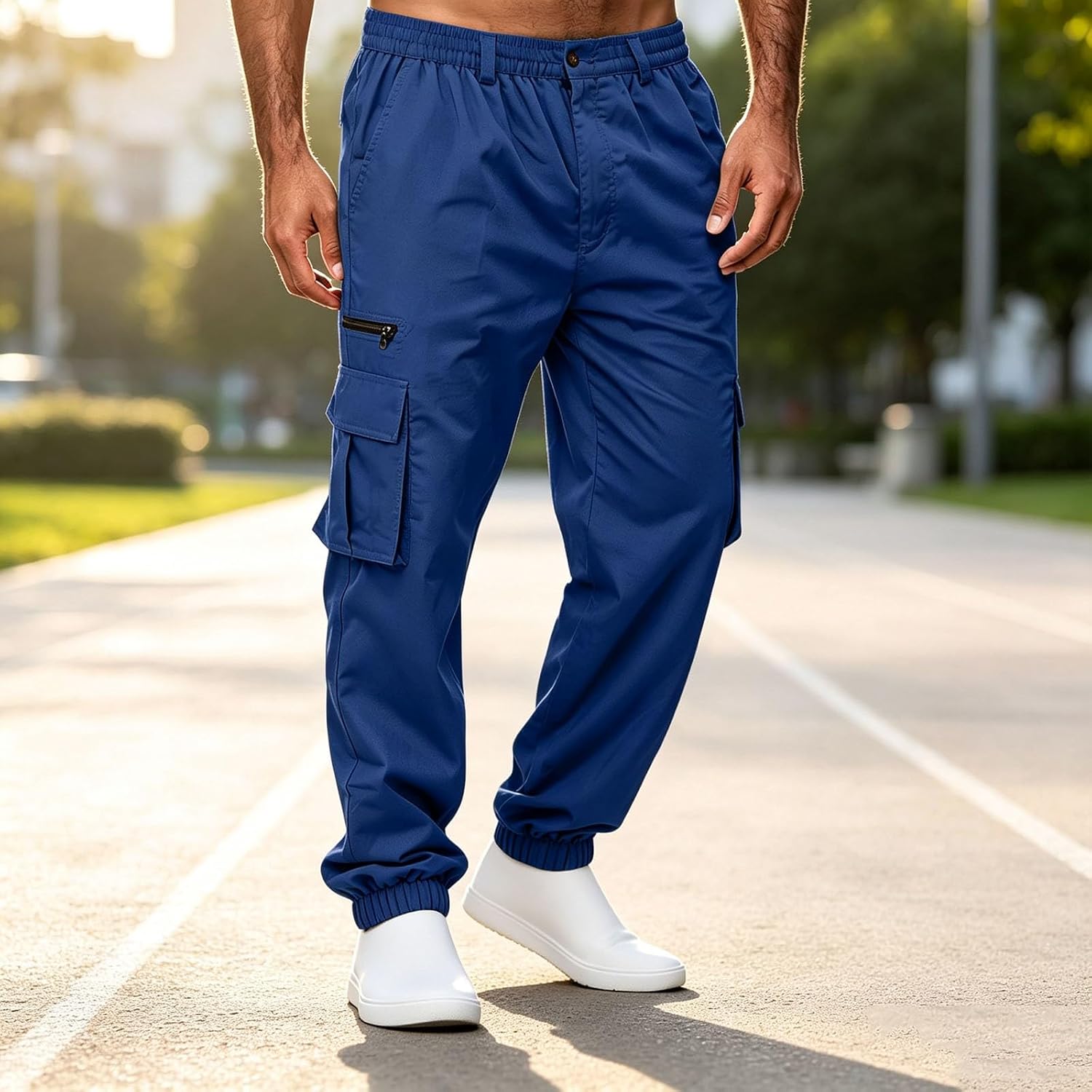Mens Cargo Jogger Pants Button Fly Lightweight Outdoor Trousers | Elastic Waist,Quick Dry Smooth,Elastic Cuffed Ankle,Cargo Pockets,Loose Comfort,Daily Walking,Hiking Camping,Street Casual