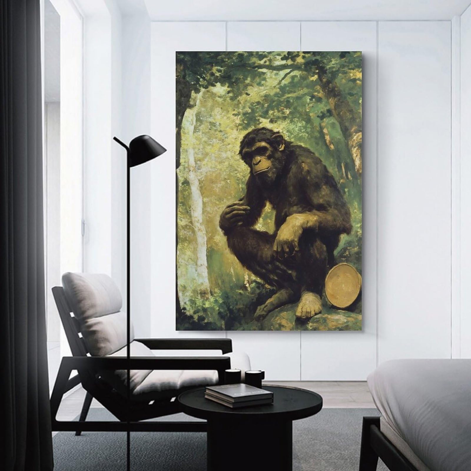 Junmoney Hanging Wall Art Contemplative Chimpanzee in Forest Painting, 20x30inch(50x75cm), for Small Homes, Bedrooms Or Open Spaces, Wall Decor with Flexible Room Appeal
