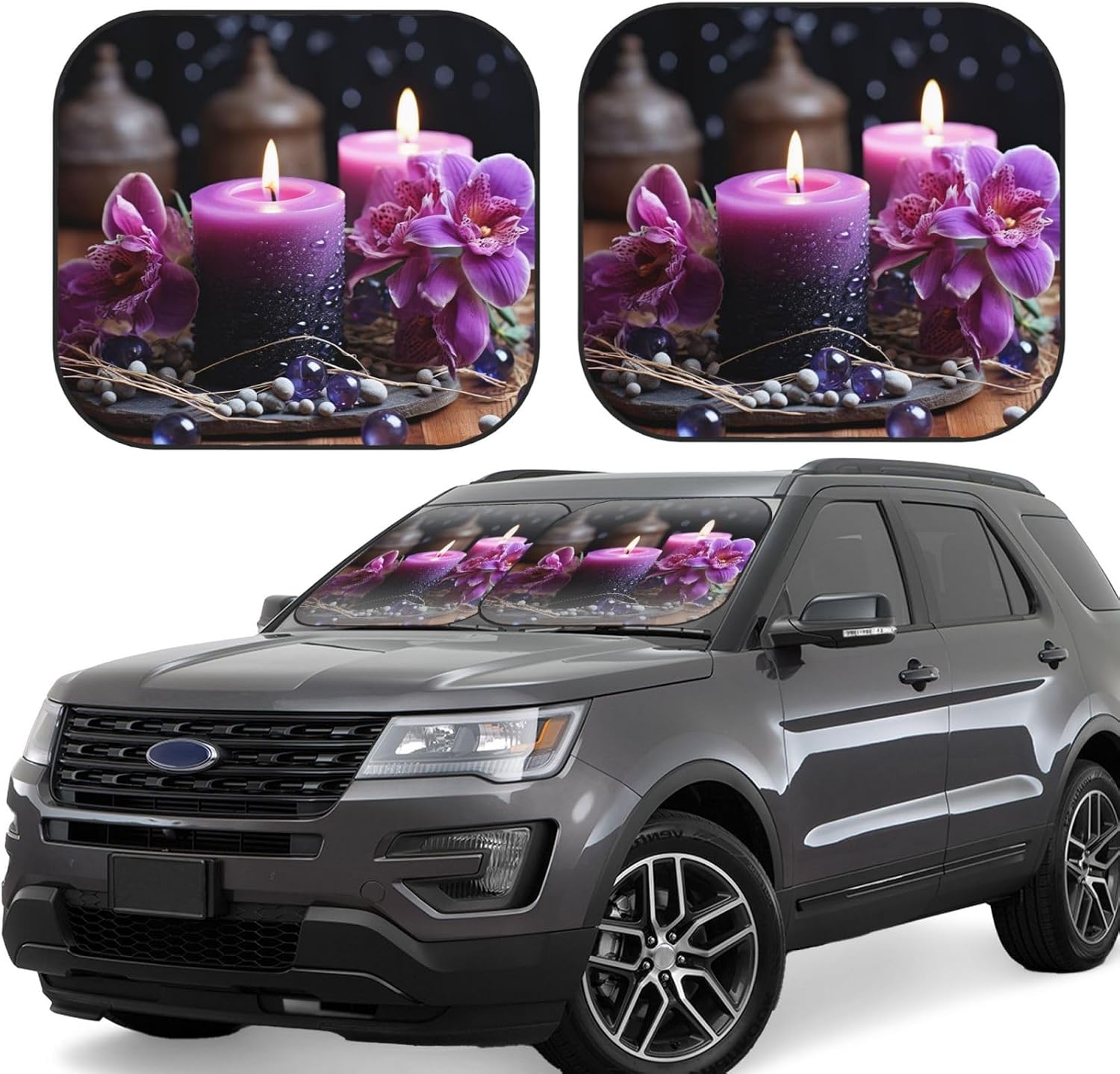 2 Piece Car Windshield Sun Shade Purple Flowers and Candles Foldable Auto Front Window Sun Shield Heat and UV Rays Sunshade for Car Front Window Keep Cool and Protect Interior Accessories