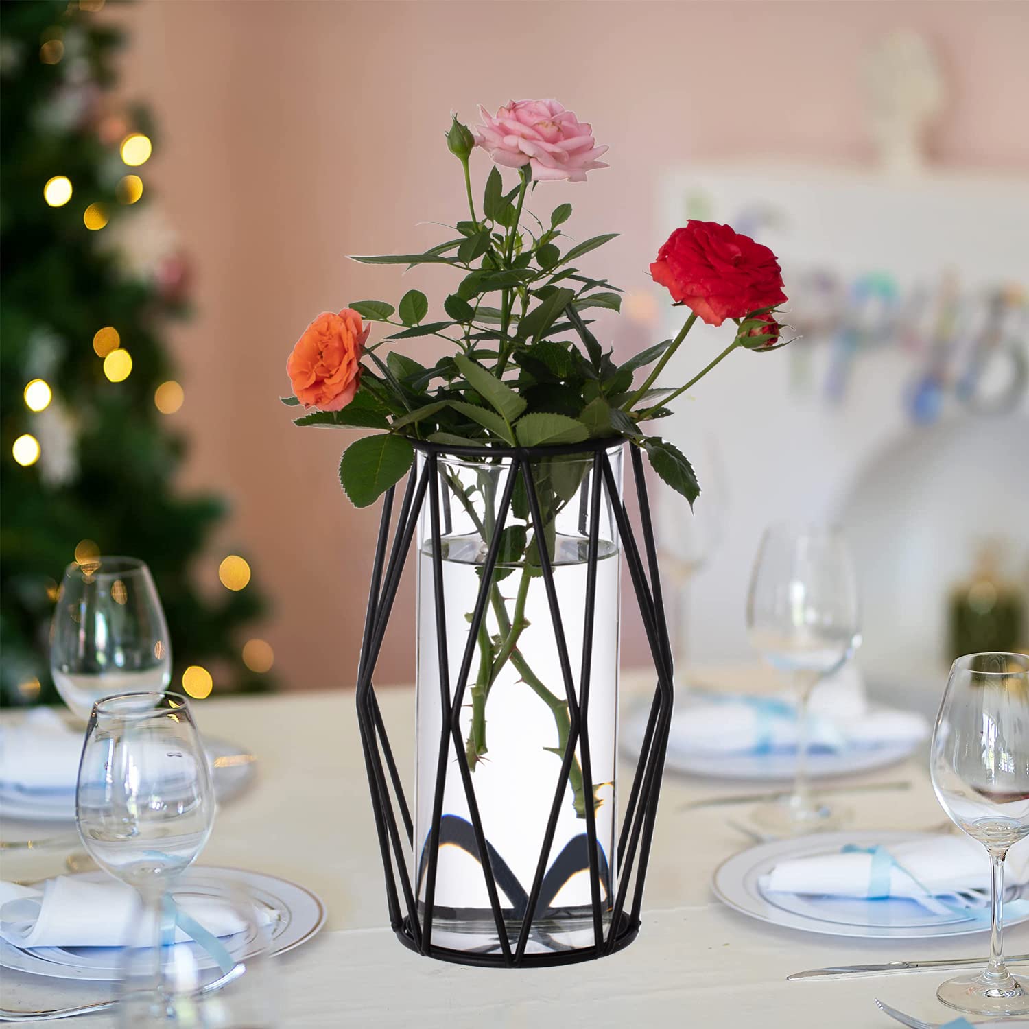 Schwarzer geometrischer Stumpenkerzenhalter – 2 Stück Glaszylinder-Hurricane-Kerzenhalter mit Metall-Kerzenständer, kreative trendige Vase für Büro, Hochzeit, Urlaub, Party, Geschenke