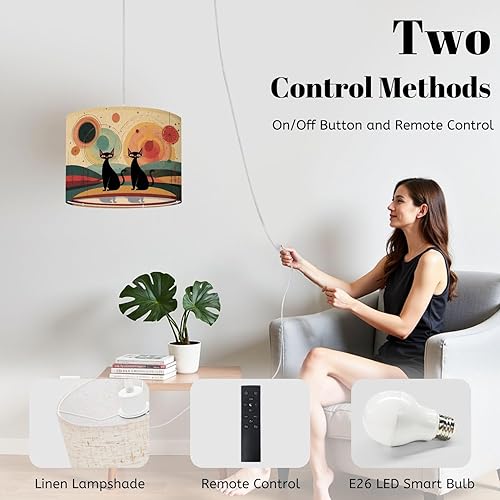 Miniatura 5 de Plug In Pendant Light Mid Century Black Cat Retro Atomic Starburst Modern Abstract Geometric Hanging Lamp with Clear Cord Fabric Shade Dimmable for