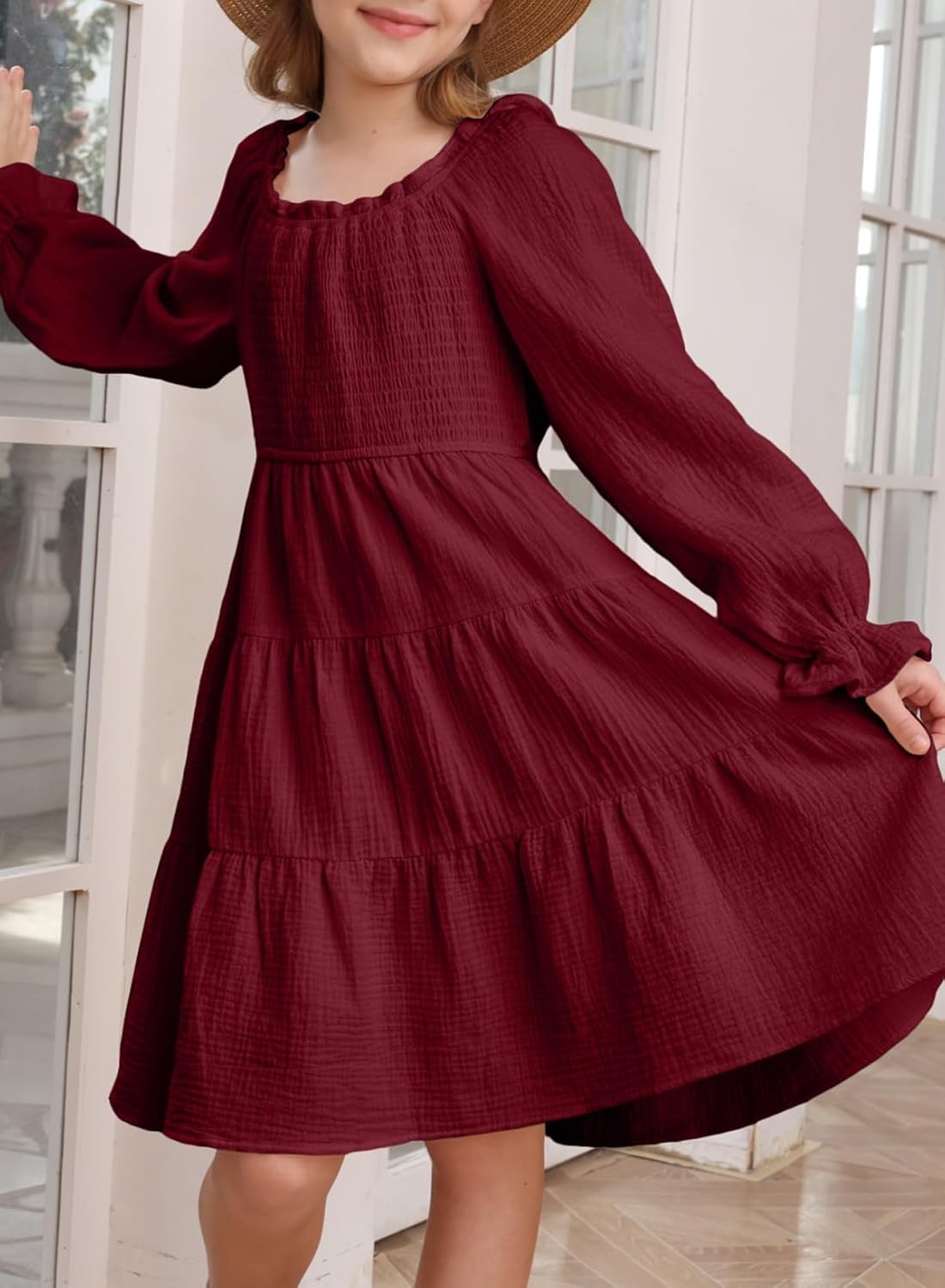 blibean Girls Cotton Long Sleeve Dresses Ruffled Boho Tiered Dress Size 6-15 Years - Image 8