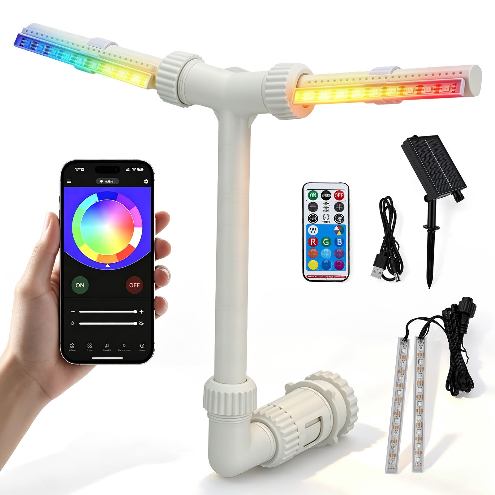 Pool Wasserfall mit LED Licht, Solar-Poolbrunnen mit 17 Beleuchtungsmodi, Fernbedienung & App, Dual Kopf 360° Verstellbar, Pool Fontäne für Entspannung & Parties, Aufstell- & Einbaupools