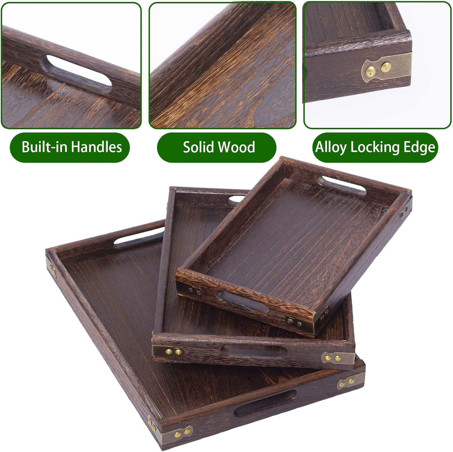 Wood Serving Tray with Handles - Set of 3, Wooden Tray for Food, Drinks, Snacks, Serving Trays for Breakfast in Bed, Dinner and Coffee Table