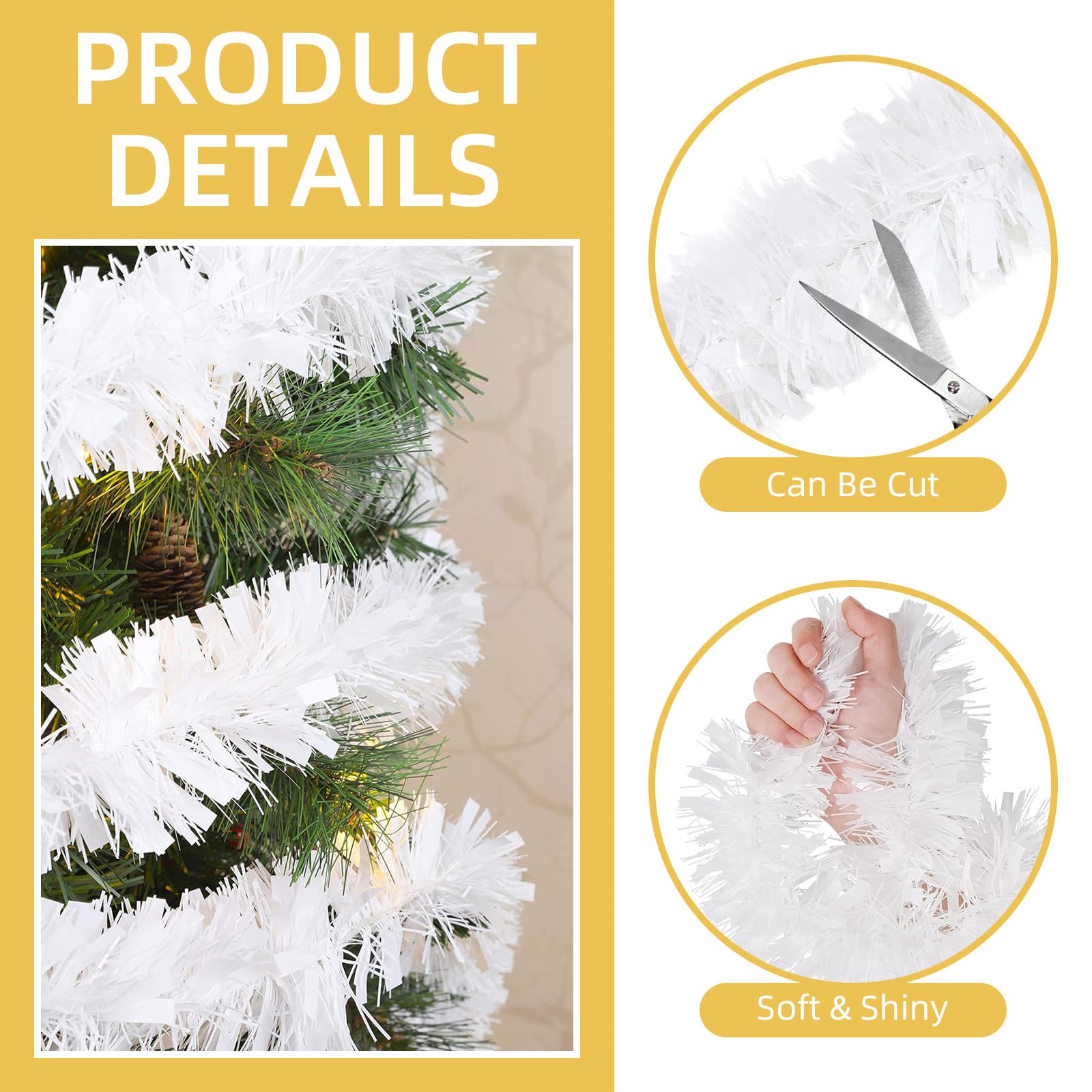 Guirnalda de oropel blanca de 100 pies, guirnalda de oropel del 4 de julio, guirnalda metálica para árbol de Navidad, Año Nuevo, vacaciones, fiestas de cumpleaños (3.54 x 50 pies, blanco)