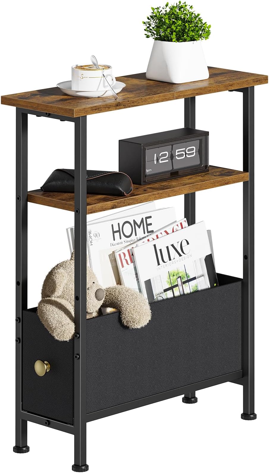 Narrow Small Side Table, End Table with 1 Fabric Drawer and Storage Shelf, 3-Tier Skinny Nightstand, Slim Bedside Table for Living Room, Bedroom, Rustic Brown