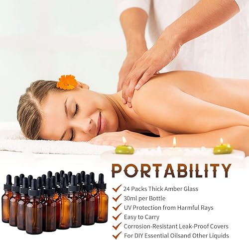Miniatura 6 de Paquete de 24 botellas con gotero ámbar, botellas de tintura de vidrio de 1 onza con cuentagotas medidos, botellas dispensadoras de viaje a prueba