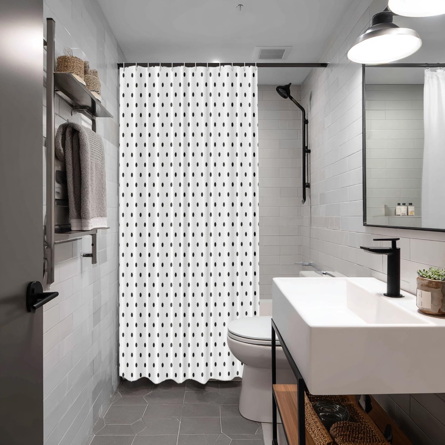 Batmerry Black Polka Dot Decor Shower Curtain, Abstract Circle Monochrome Geometric Cute Bathroom Decor Polyester Fiber Plastic Rings Quick-Drying Waterproof for Bathtubs/Bathroom, 72x60 inches