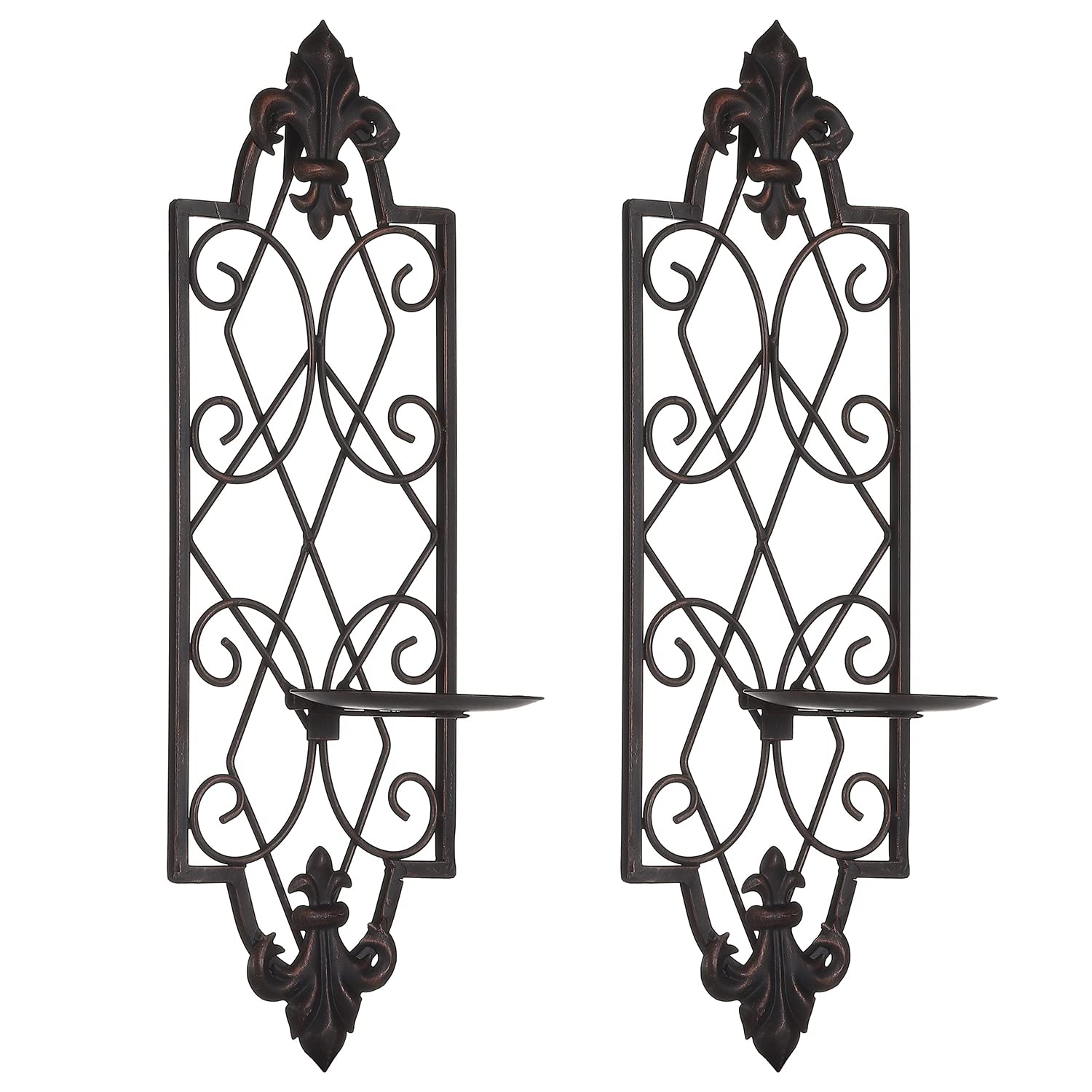 Set of 2 Metal Scroll Wall Sconce Candle Holders, Fleur De Lis Detailed