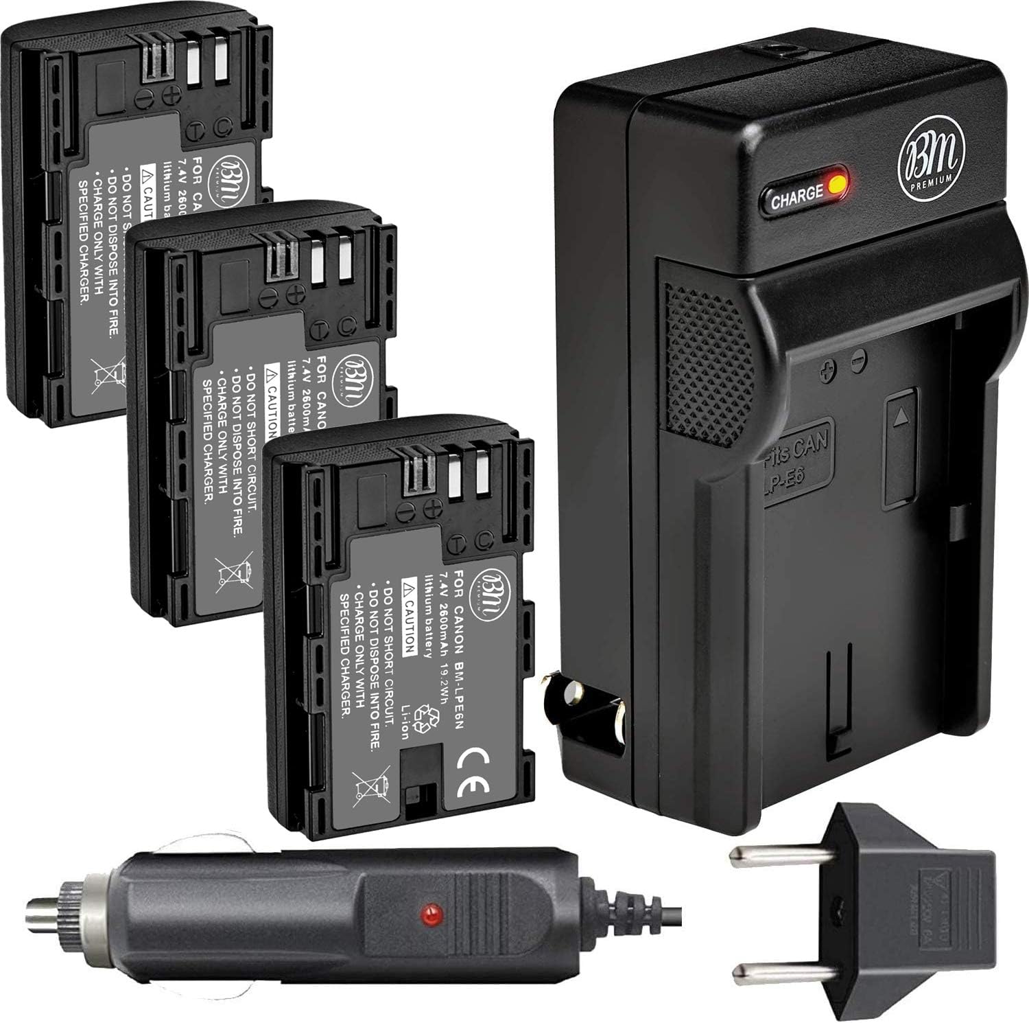 BM Premium 3 Pack of LP-E6N High Capacity Batteries and Charger for Canon EOS R, EOS 60D, EOS 70D, EOS 80D, EOS 90D, EOS 5D III, EOS 5D IV, EOS 5Ds, EOS 6D II, EOS 7D Mark II, XC10 XC15 Cameras