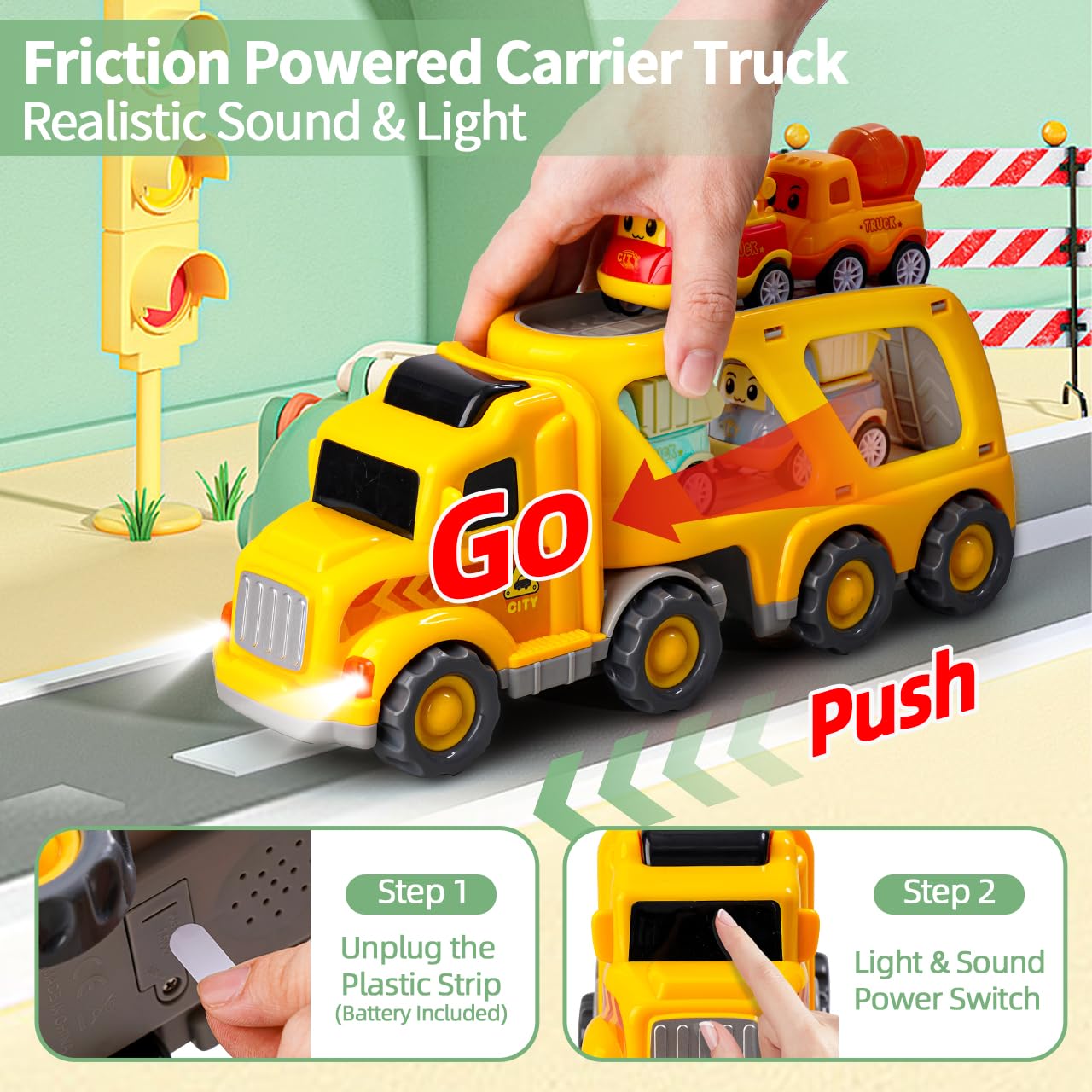 Jouets Camion 5-en-1 pour Enfants de 1 2 3 4 Ans, Transporteur à Friction avec 4 véhicules de Construction, Jeu de véhicules pour Garçons et Filles avec Lumières et Sons | 5-en-1 véhicules de Construction avec Lumières et Sons, Jouet de 1 2 3 4 Ans pour G