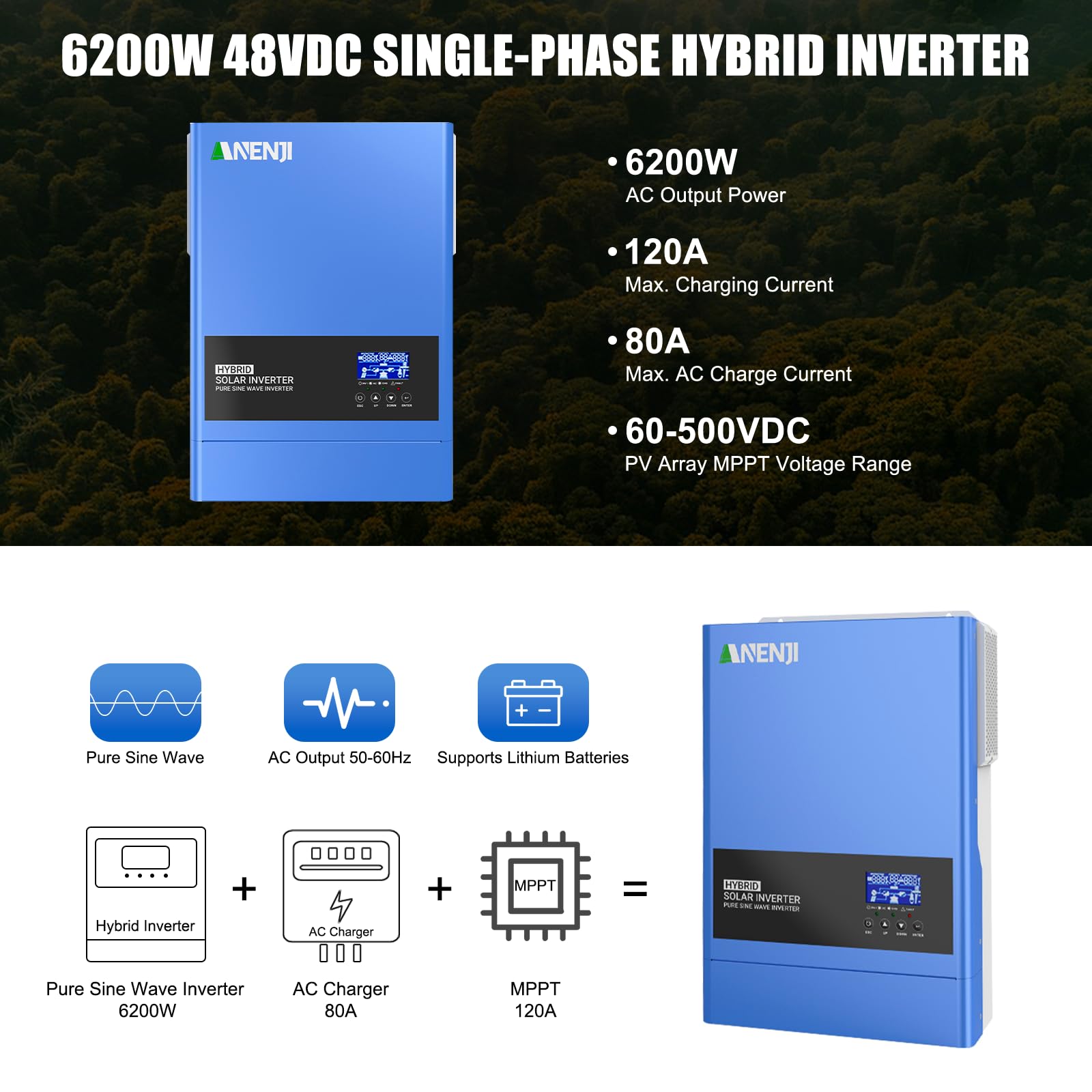 6200W Solar Hybrid Wechselrichter 48V DC/230V AC Reiner Sinus 120A MPPT + Netzeinspeisung,Max PV-Eingangsspannung 500V mit WiFi 4 Lademodi für 48V Lithium Batterien Wohnmobile/Hausnotstrom