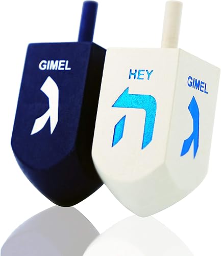 Let's Play Dreidel The Hanukkah Game - Dreidels extra grandes de madera azul y blanca - Instrucciones incluidas - D10 (paquete de 2 Dreidels XL)
