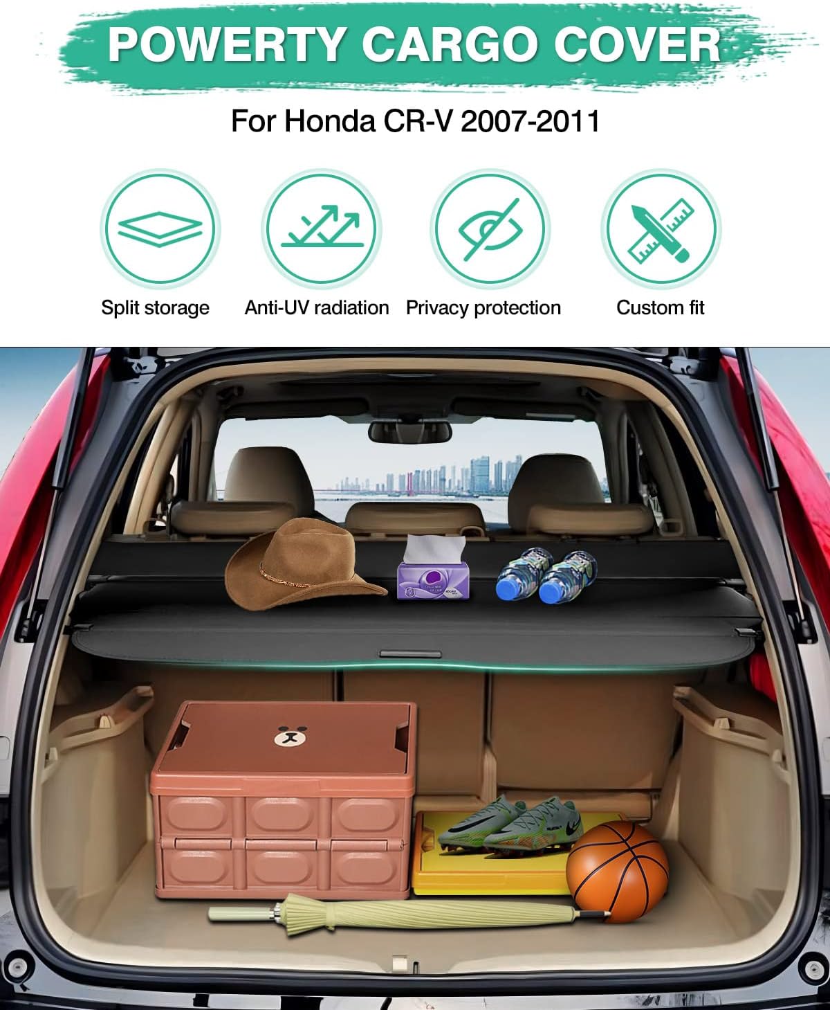 Powerty Cargo Cover for Honda CRV 2007-2010 2011 Retractable Trunk Cover Trunk Shielding Shade for CRV Accessories Cargo Luggage Cover No Gap
