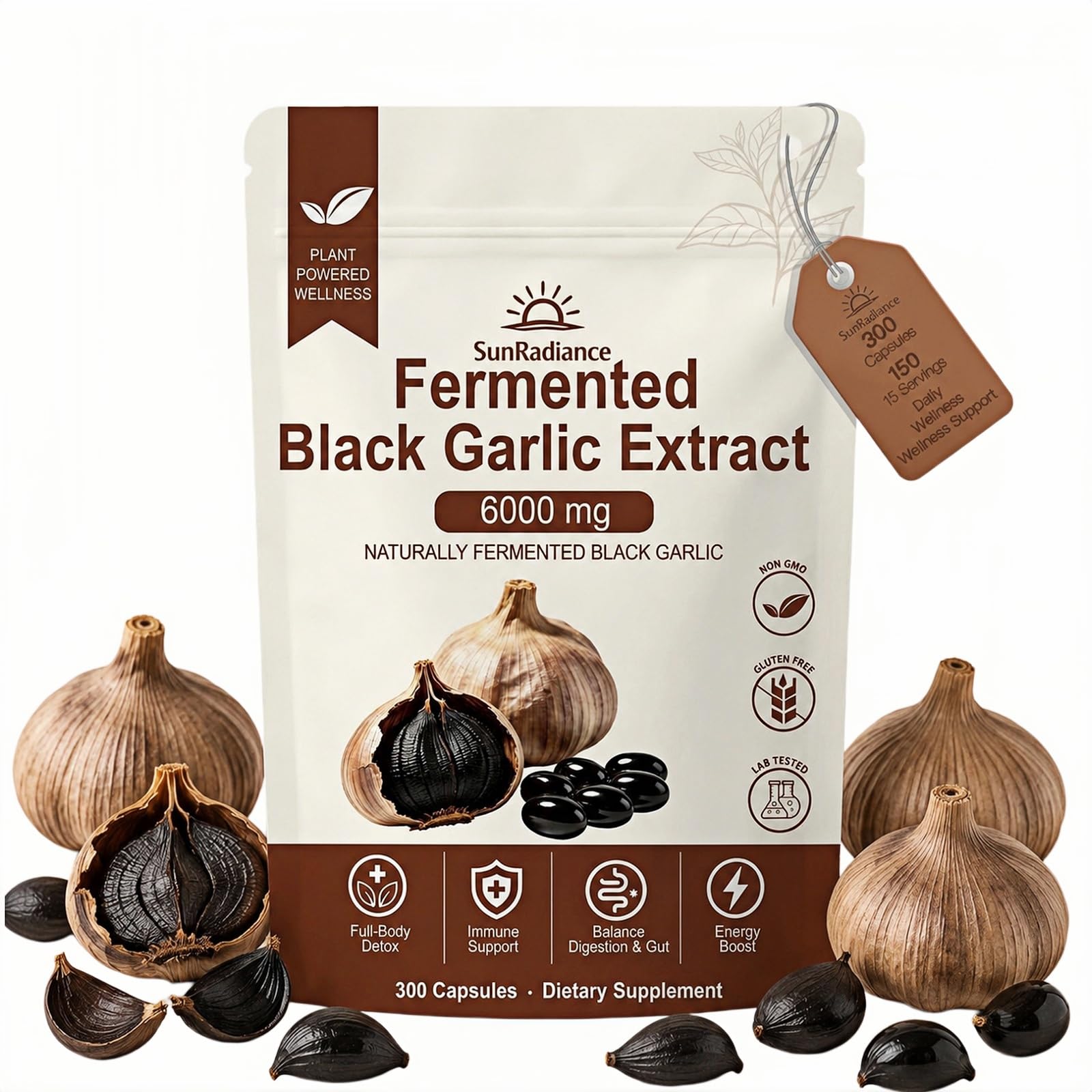 Black Garlic Extract Aged Garlic Supplement,Support Immunity, Boost Energy, Gut & Balance Digestion, Vegan, Non-GMO, 300 Softgels