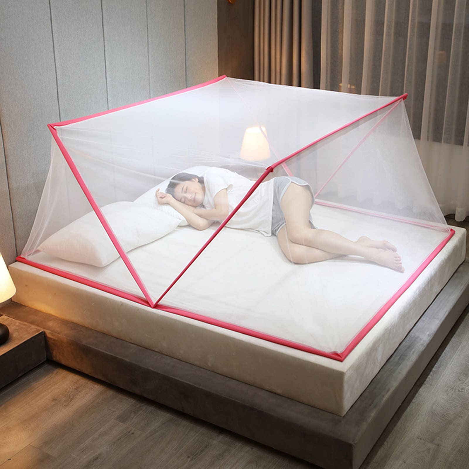 GTHTUHFD Folding Mosquito Net Bed Canopy Travel Bedroom Mosquito Tent For Portable Breathable Polyester Without Bottom,Pink,For 1.8M Bed