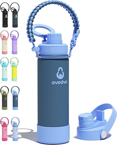 Miniatura 82 de Botella de agua aislada avodvo de 12 onzas con 2 tapas (tapa con popote y boquilla de 2 en 1, tapa magnética), botella de agua para niños con Azul