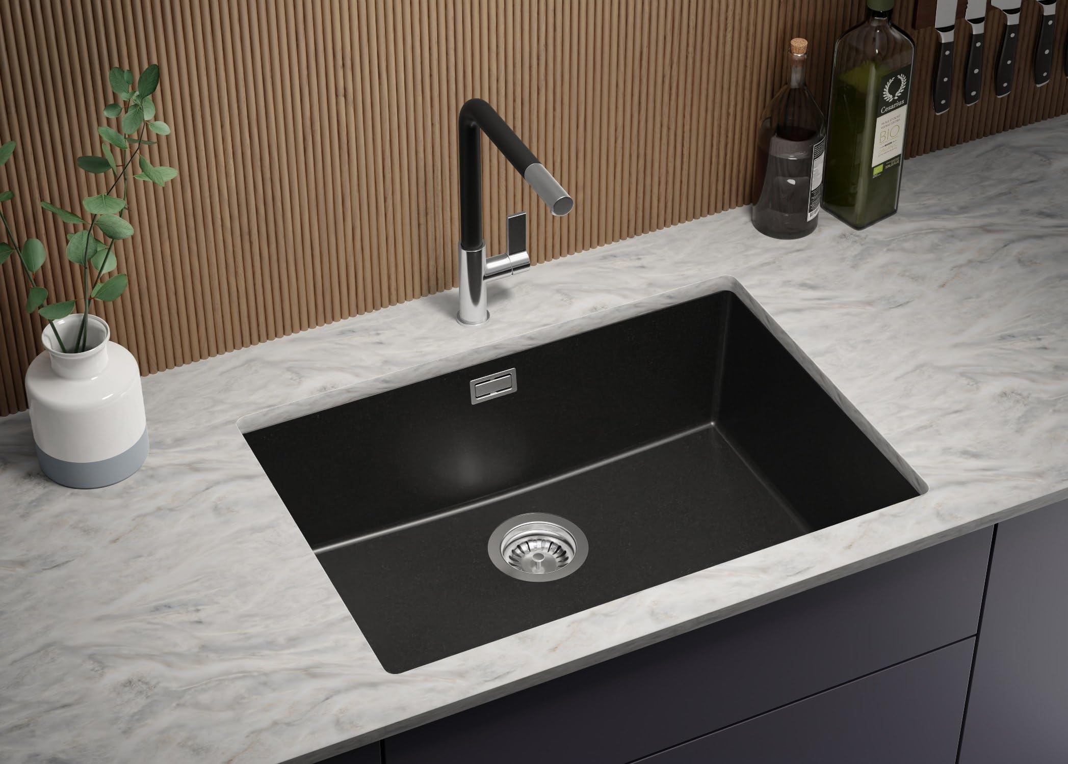 PRIMAGRAN Fregadero bajo Encimera Todo Negro - London, 66x47cm | Cocina 1 Seno + Zuberhor-Set, Granito al Mueble 70cm (S439)