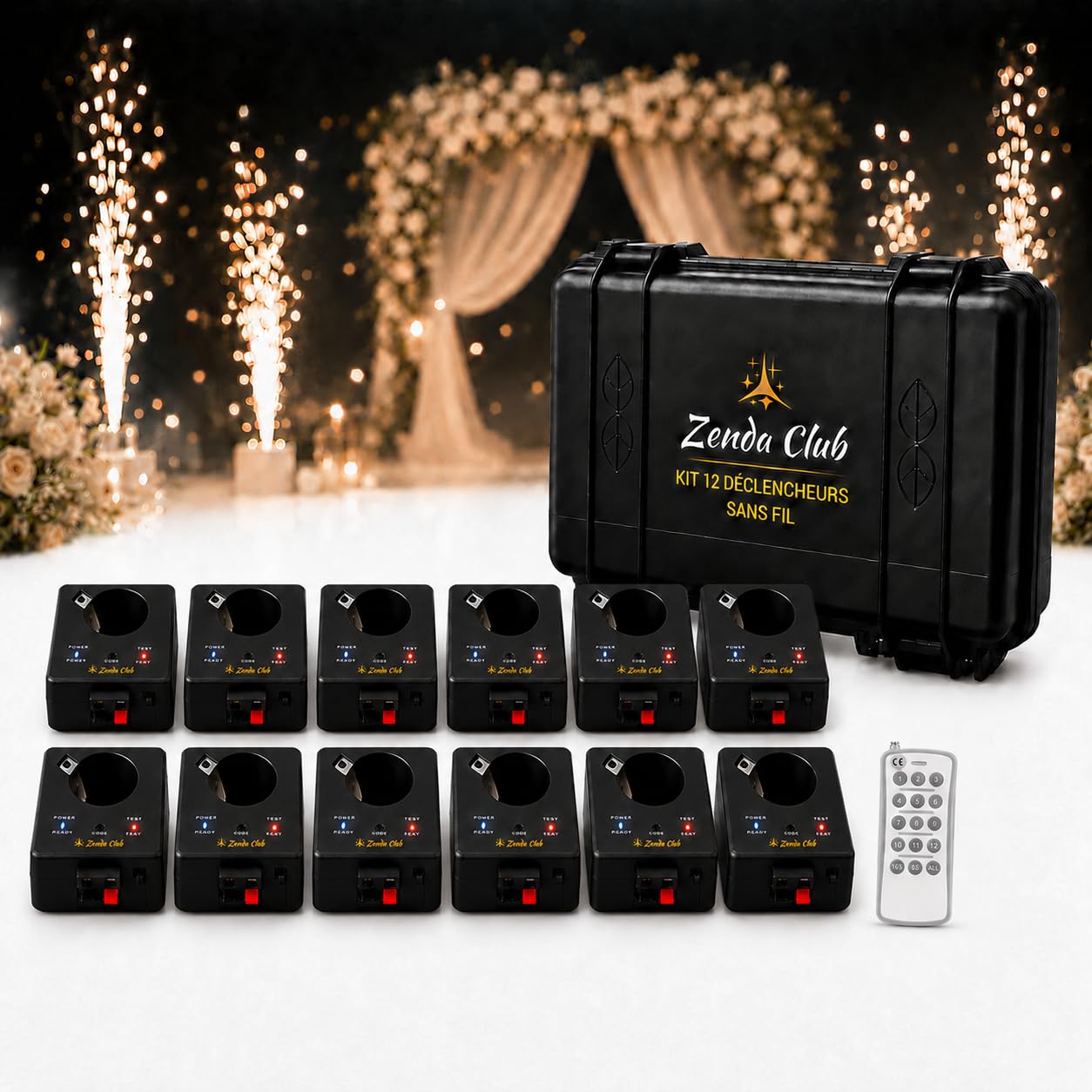 Juego de 12 disparadores, kit de tiro para chorros de escena, sistema de tiro de etapas fuentes frías, máquina de encendido de fuegos artificiales frío + mandos inalámbricos Zenda Club