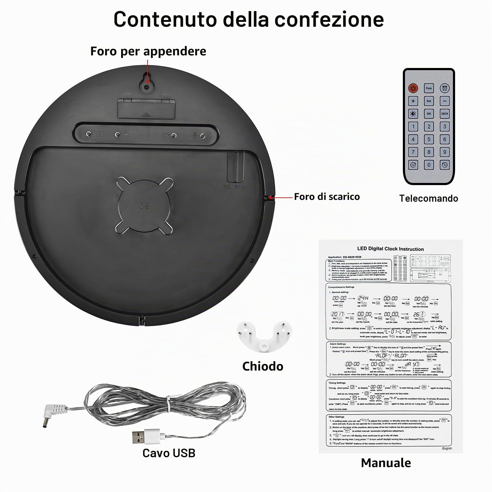 Orologio da parete digitale rotondo grande da 10" con telecomando, orologio digitale con 2 allarmi/temperatura/data/ora/festival/luminosità regolabile/conto alla rovescia per casa, palestra
