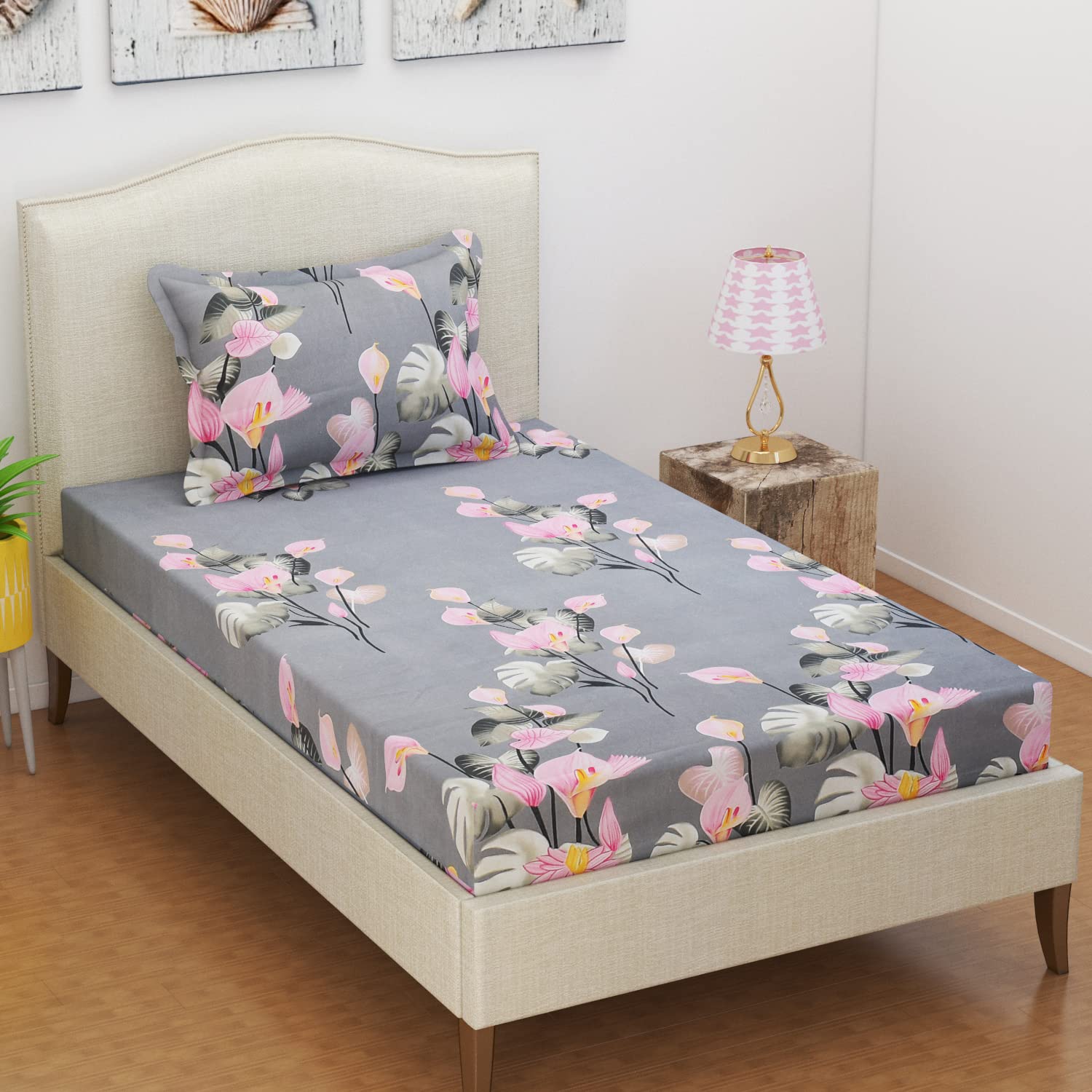BSB HOME Premium Cotton Feel Single Bedsheet with One Pillow Cover for Coat/Diwan/ 4x6 Bed 180 Tc (152 x 228 cm, Grey & Pink Flower)-picture-27