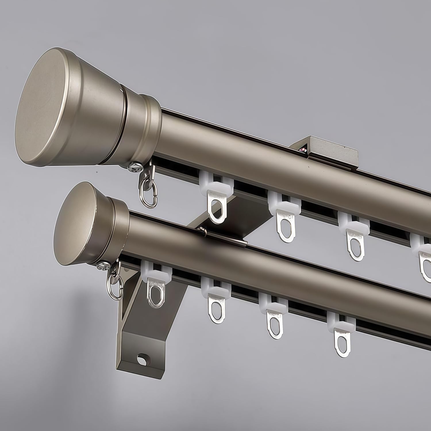 Double Curtain Track Wall Mounted, Roman Rod for Curtain, Aluminum Heavy-Duty Silent Rail, Sliding Curtain Track System with Silent Rollers, for Room Divider Living Bedroom Room (Champagne, 4.9ft) 1.5m( 4.9ft ) Champagne